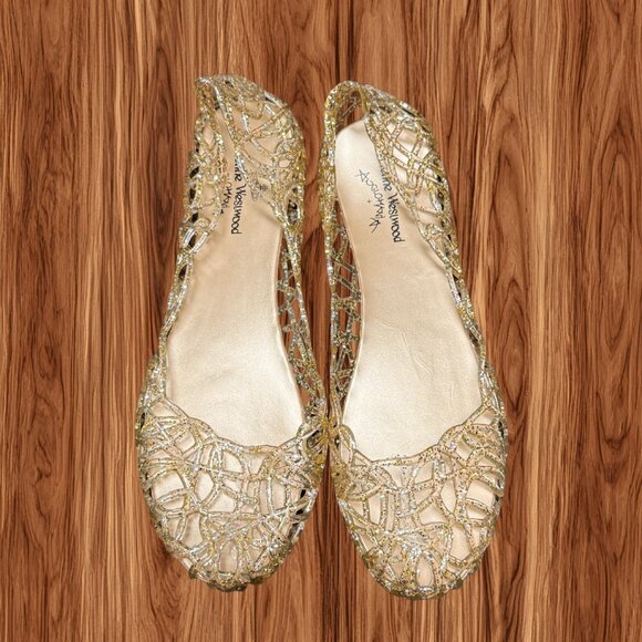 Vivienne Westwood Anglomania Women's Gold Glitter Jelly Flats Size 37